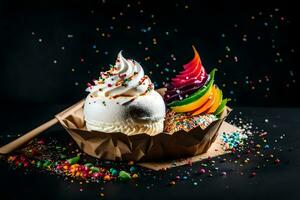 ice cream with rainbow sprinkles on a black background. AI-Generated photo