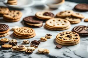 a variety of cookies and cookies on a marble table. AI-Generated photo