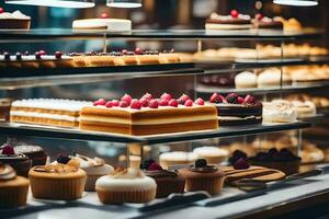 many different types of cakes are on display in a bakery. AI-Generated photo