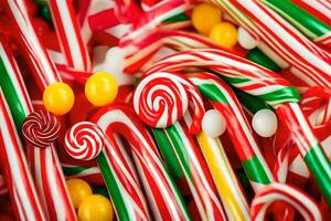 many different candy canes are arranged in a pile. AI-Generated photo