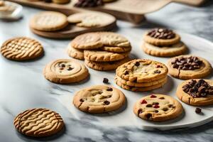 un variedad de galletas en un mármol plato. generado por ai foto