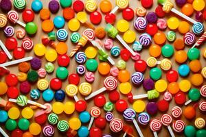 colorful candy lollipops on a table. AI-Generated photo