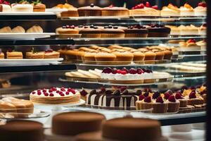 a display case filled with cakes and pastries. AI-Generated photo