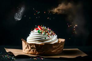 a cupcake with sprinkles and smoke on a black background. AI-Generated photo