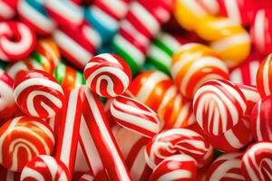 many different colored candy canes are arranged in a pile. AI-Generated photo