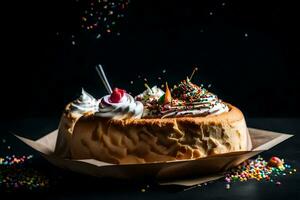 a cake with whipped cream and sprinkles on a black background. AI-Generated photo