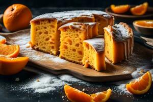 orange cake with sliced oranges on a wooden cutting board. AI-Generated photo