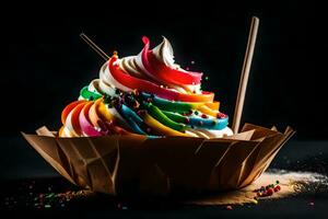 a colorful ice cream sundae in a paper bowl. AI-Generated photo