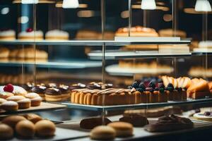 a bakery display with many different types of pastries. AI-Generated photo