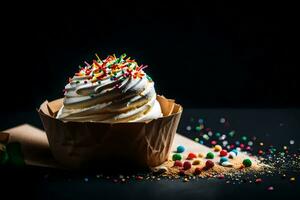 a cupcake with sprinkles and a black background. AI-Generated photo