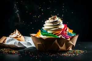 ice cream with rainbow sprinkles on a black background. AI-Generated photo