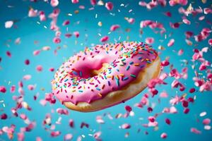 a pink donut with sprinkles is surrounded by pink confetti. AI-Generated photo