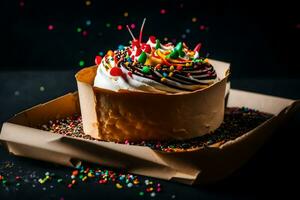 un cumpleaños pastel con asperja en un negro antecedentes. generado por ai foto