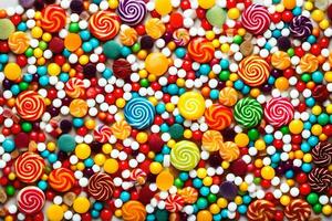 a large pile of colorful candy candies. AI-Generated photo