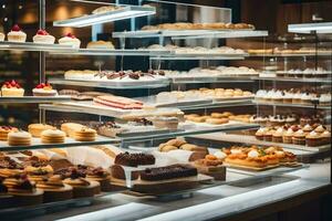 a bakery display case with many different types of pastries. AI-Generated photo