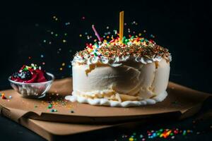 a birthday cake with sprinkles and a candle. AI-Generated photo