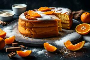 naranja pastel con rebanadas cortar fuera en un negro antecedentes. generado por ai foto