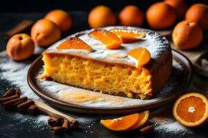 un pedazo de pastel con naranjas en un lámina. generado por ai foto