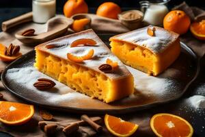 orange cake with pecans and orange slices on a plate. AI-Generated photo