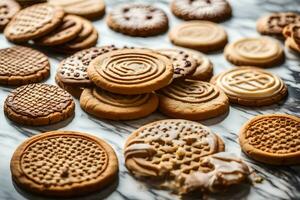 un variedad de galletas son arreglado en un mármol superficie. generado por ai foto