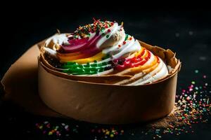 a dessert with colorful sprinkles on a black background. AI-Generated photo