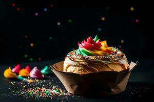 a cupcake with rainbow icing and sprinkles on a black background. AI-Generated photo