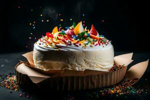 a cake with sprinkles and frosting on a black background. AI-Generated photo