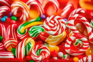 many colorful candy canes and candy lollipops. AI-Generated photo