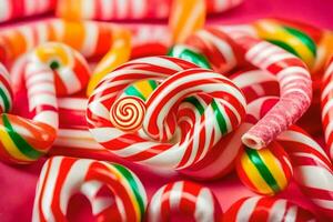 many different colored candy canes are arranged on a pink surface. AI-Generated photo