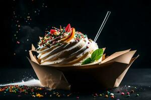 a cupcake with whipped cream and sprinkles on a black background. AI-Generated photo