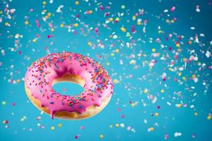 a pink donut with sprinkles on a blue background. AI-Generated photo