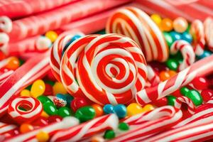 a pile of colorful candy and lollipops. AI-Generated photo