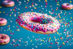 donuts flying in the air with sprinkles. AI-Generated photo