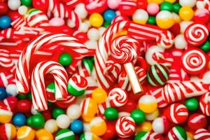 a pile of candy canes and candy lollipops. AI-Generated photo