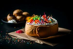 a cake with sprinkles and candles on a black background. AI-Generated photo