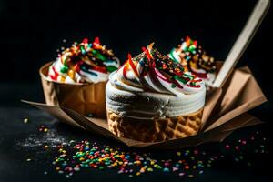 ice cream cones with sprinkles on a black background. AI-Generated photo