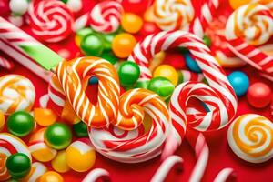 many colorful candy canes and candy lollipops. AI-Generated photo