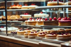 many different types of cakes are on display in a bakery. AI-Generated photo