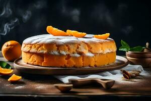 orange cake on a wooden plate. AI-Generated photo