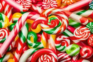 many different candy canes are arranged in a pile. AI-Generated photo