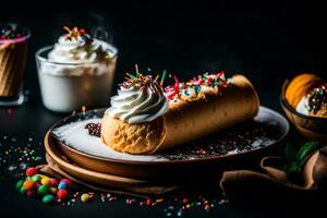 ice cream roll on a plate with sprinkles and a cup of coffee. AI-Generated photo