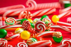 many different types of candy canes on a red surface. AI-Generated photo