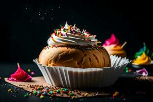 a cupcake with whipped cream and sprinkles on a black background. AI-Generated photo