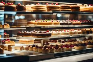 a display case filled with various types of cakes. AI-Generated photo