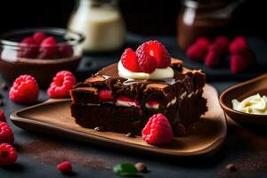 chocolate brownies with raspberries and whipped cream. AI-Generated photo