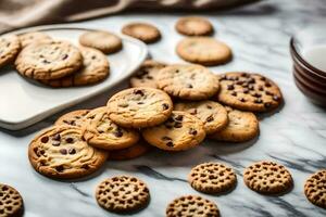 un plato de galletas y Leche en un mármol encimera. generado por ai foto