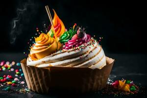 a cupcake with colorful frosting and sprinkles. AI-Generated photo