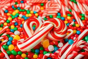 a close up of candy canes and candy. AI-Generated photo