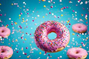 pink donuts with sprinkles on a blue background. AI-Generated photo