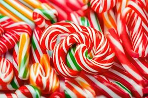 many candy canes are arranged in a pile. AI-Generated photo